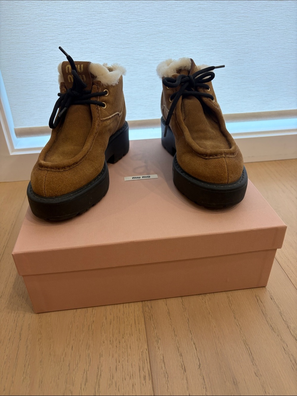 Miu Miu Chestnut Brown Suede Lace-Up Platform Ankle Boots with Shearling Size 38